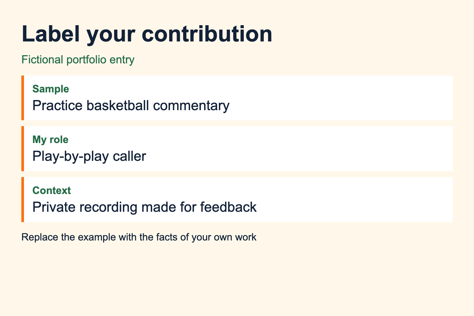 Fictional portfolio label identifies a practice basketball call, play-by-play role and private recording context