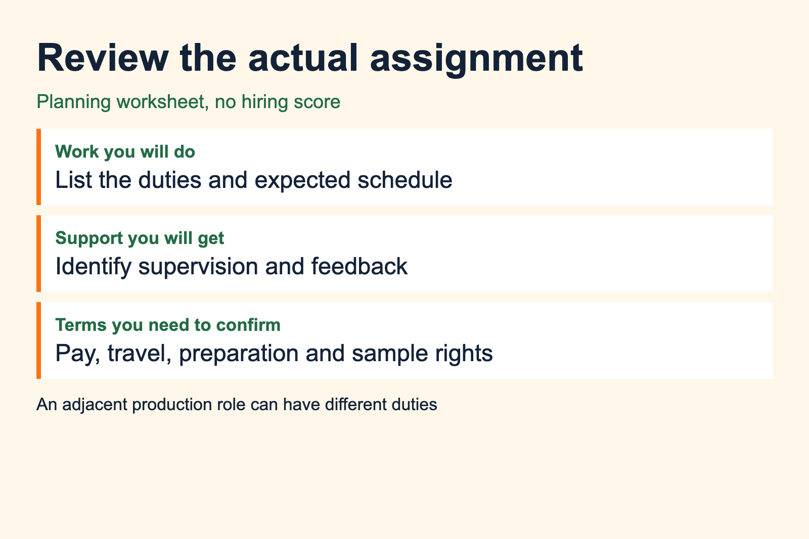 Opportunity worksheet covers duties, supervision, feedback and assignment terms