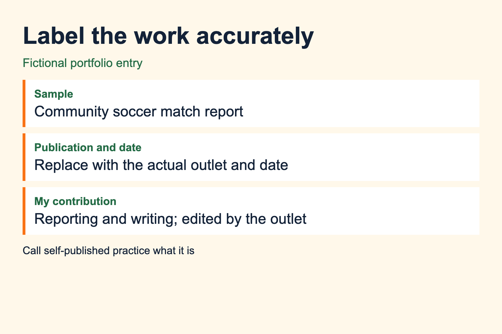 Fictional portfolio label identifies the sample, publication date and reporting contribution