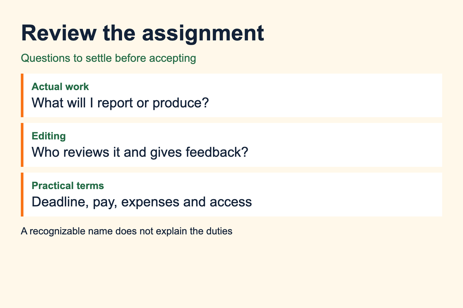 Assignment worksheet asks about duties, editing, deadlines, pay, expenses and access