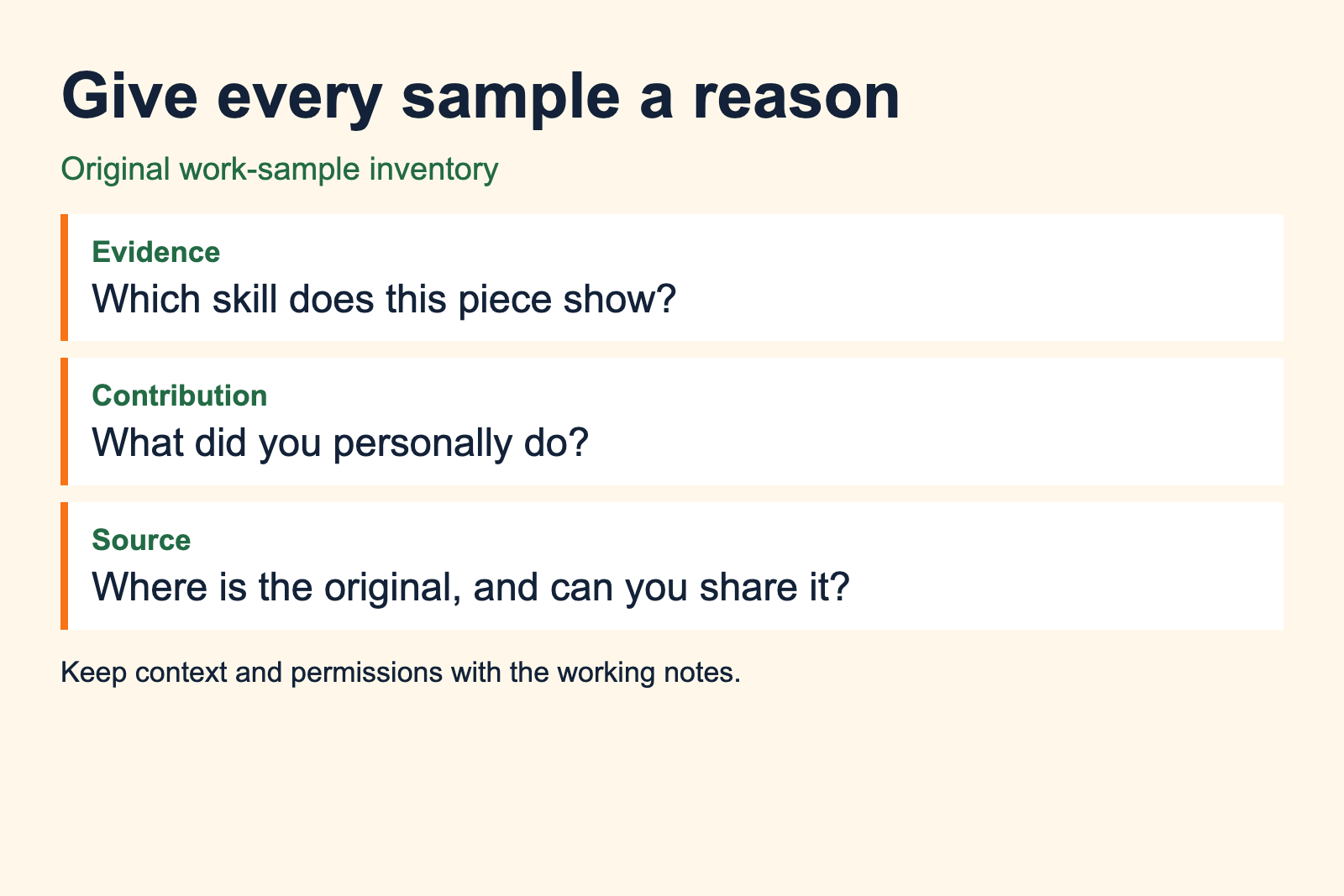 Sample inventory identifies the skill shown, personal contribution and source permissions