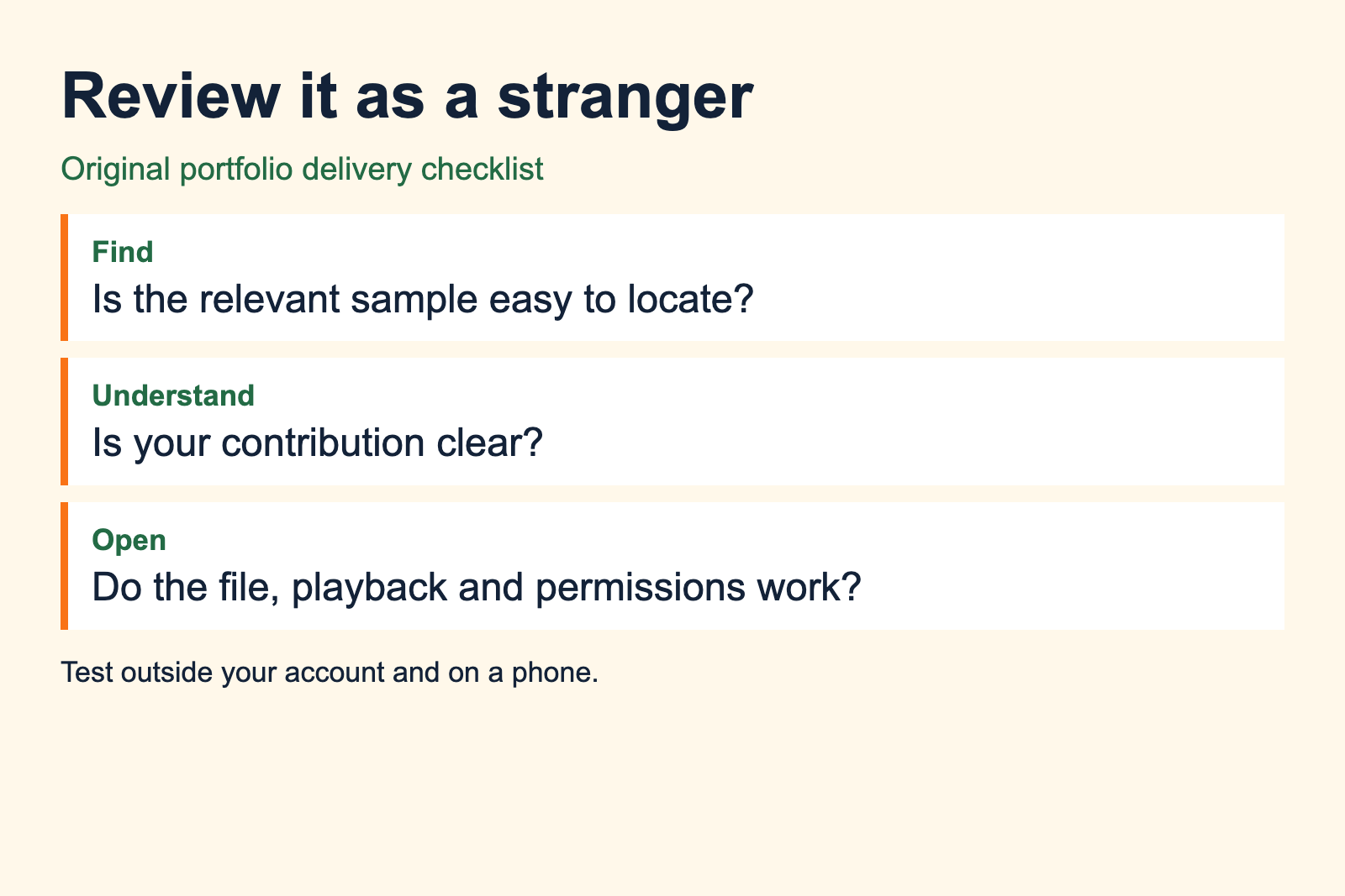 Portfolio review checks whether a stranger can find, understand and open the work