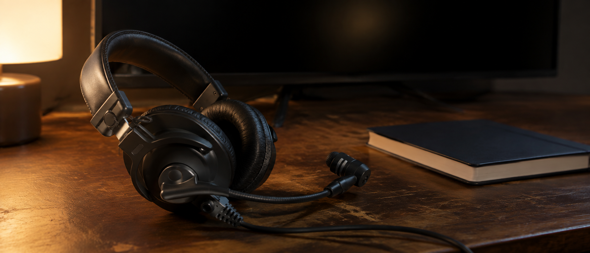 Broadcast headset and notebook on a home desk beside a dark screen