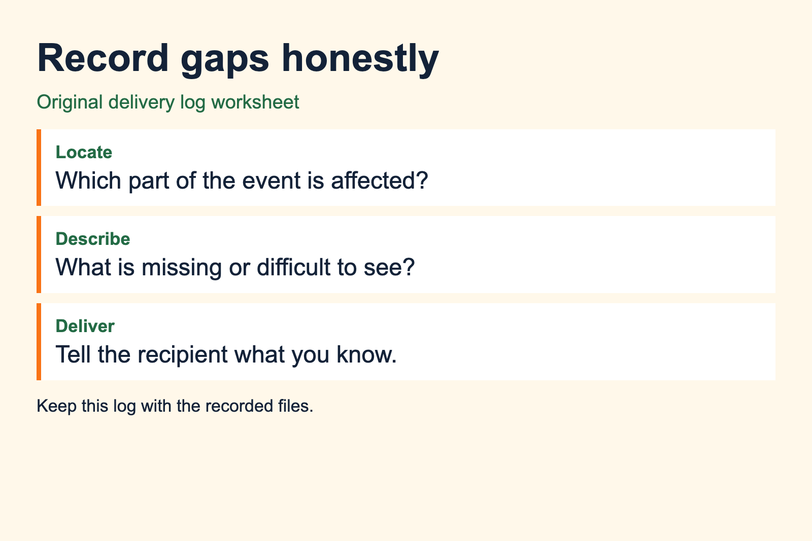 Delivery log identifies recording gaps and describes them for the recipient