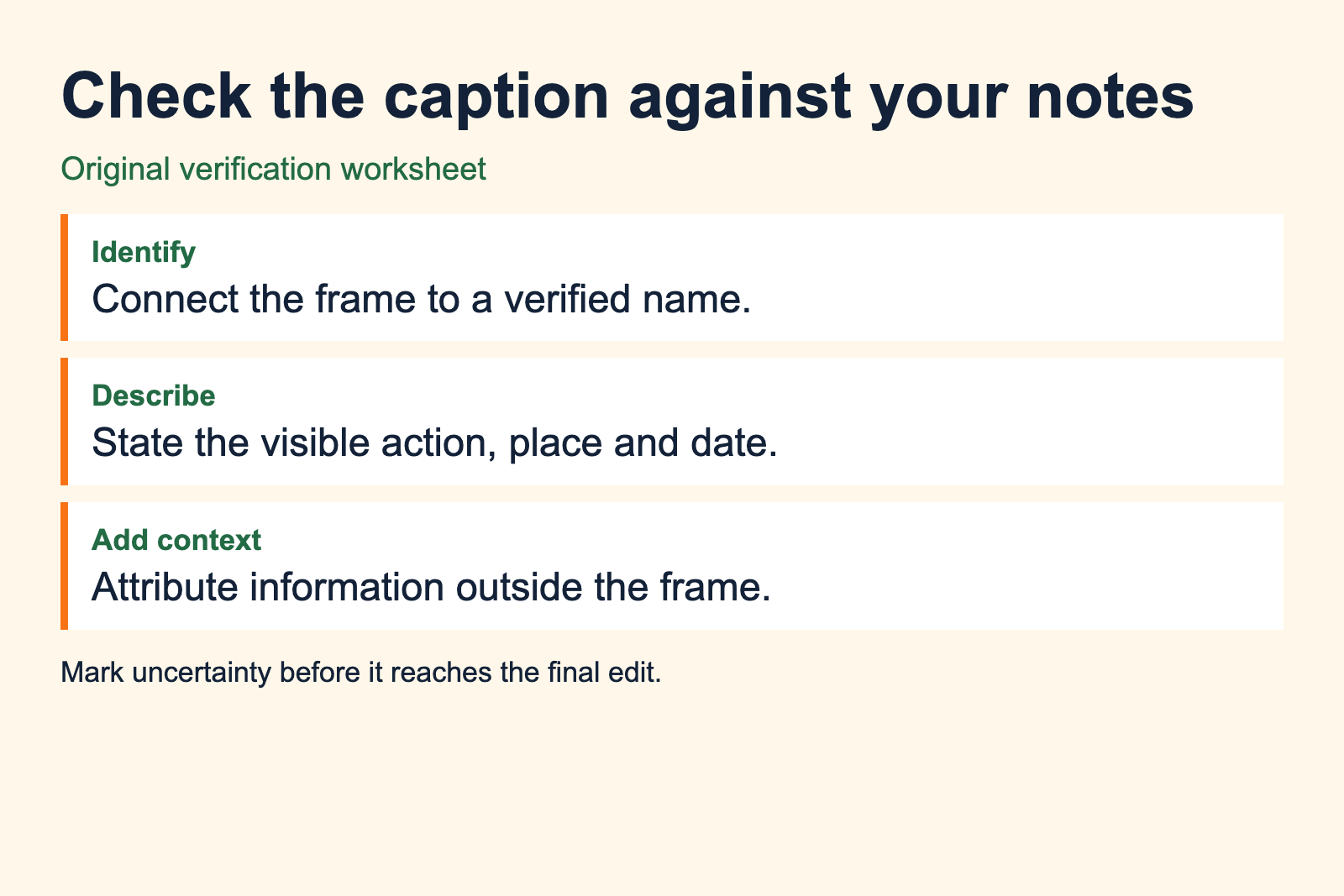 Caption verification worksheet covers identity, visible action and attributed context