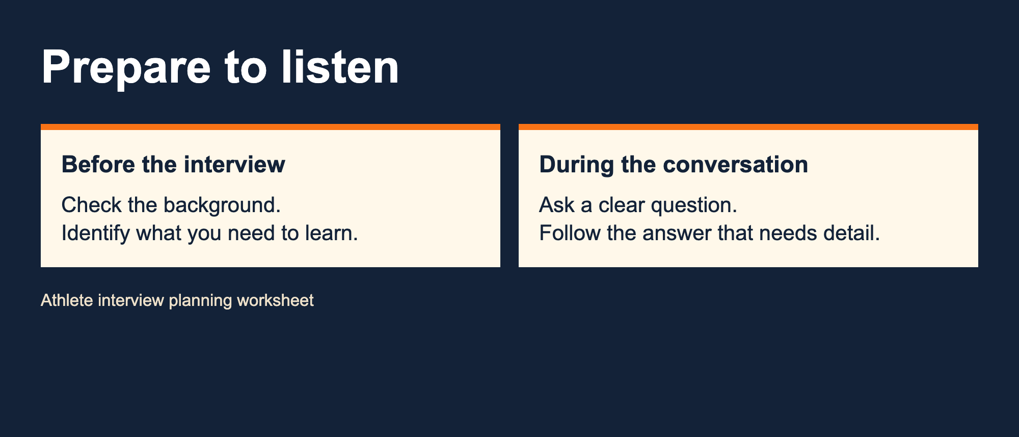 Interview plan separates background preparation from listening and follow-up questions