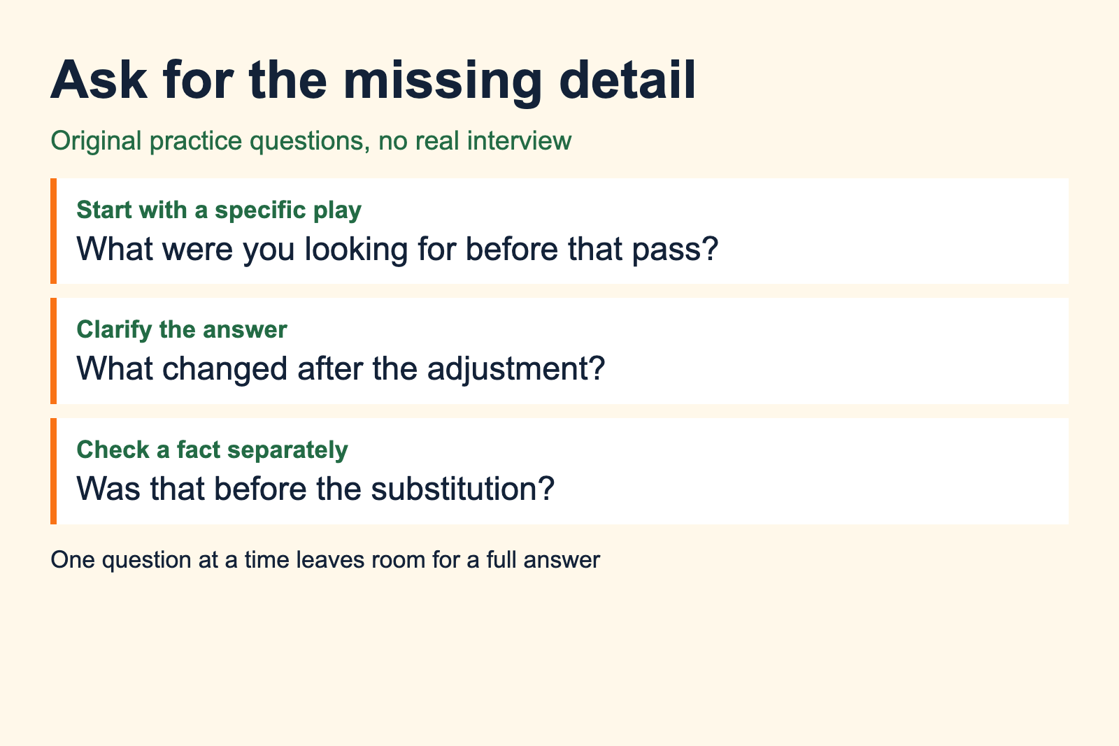 Original practice questions ask about a pass, an adjustment and a substitution