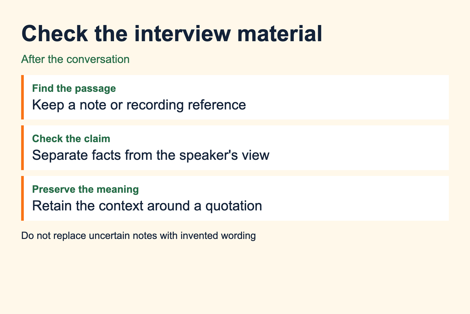 Interview review worksheet checks the passage, factual claim and quotation context