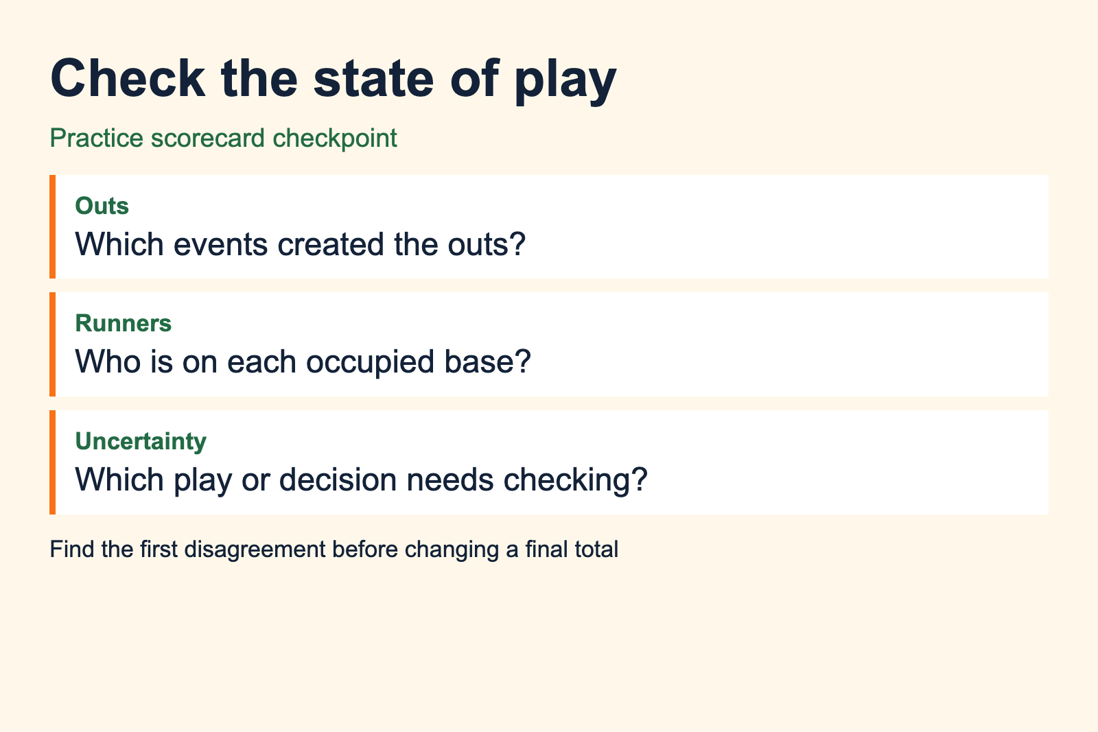 Scorecard checkpoint asks about outs, occupied bases and uncertain plays