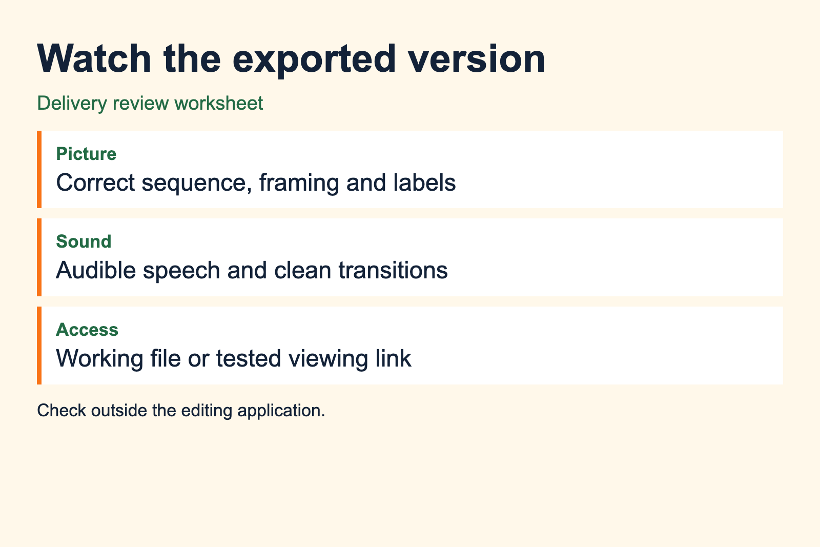 Export review checks picture, sound and viewer access