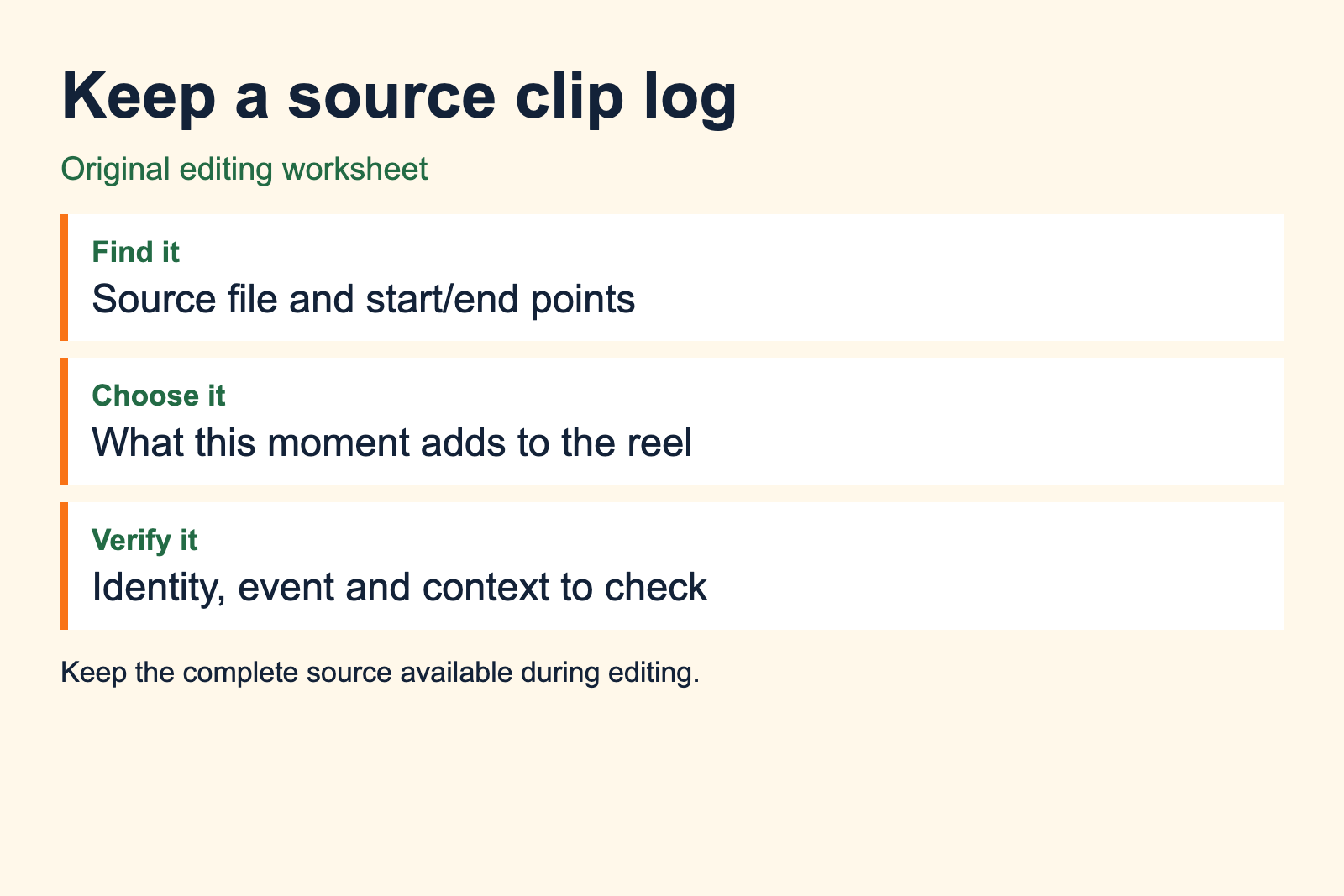Source clip log records where a moment is found, why it belongs and facts to verify