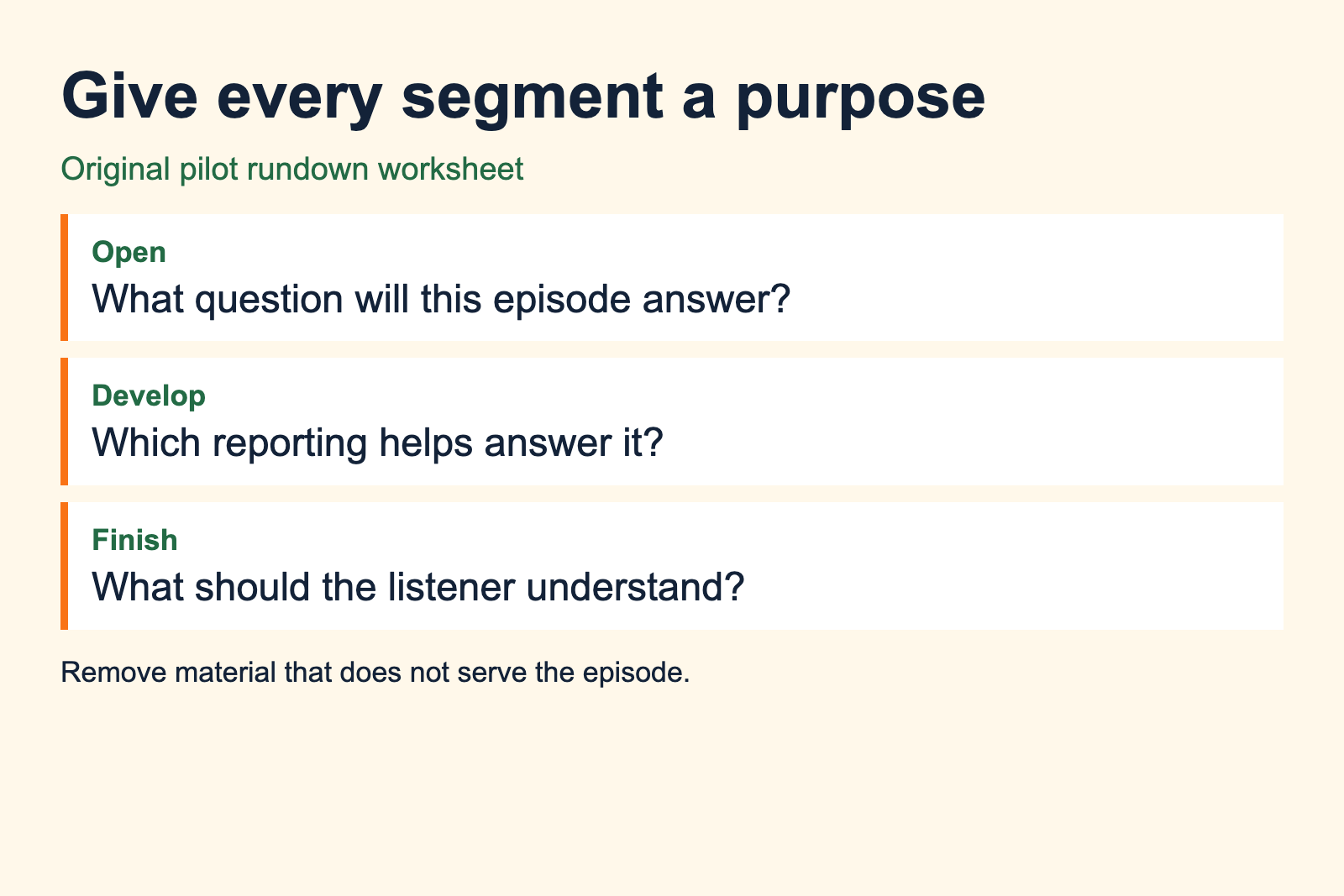 Pilot rundown worksheet asks for the question, supporting reporting and intended takeaway