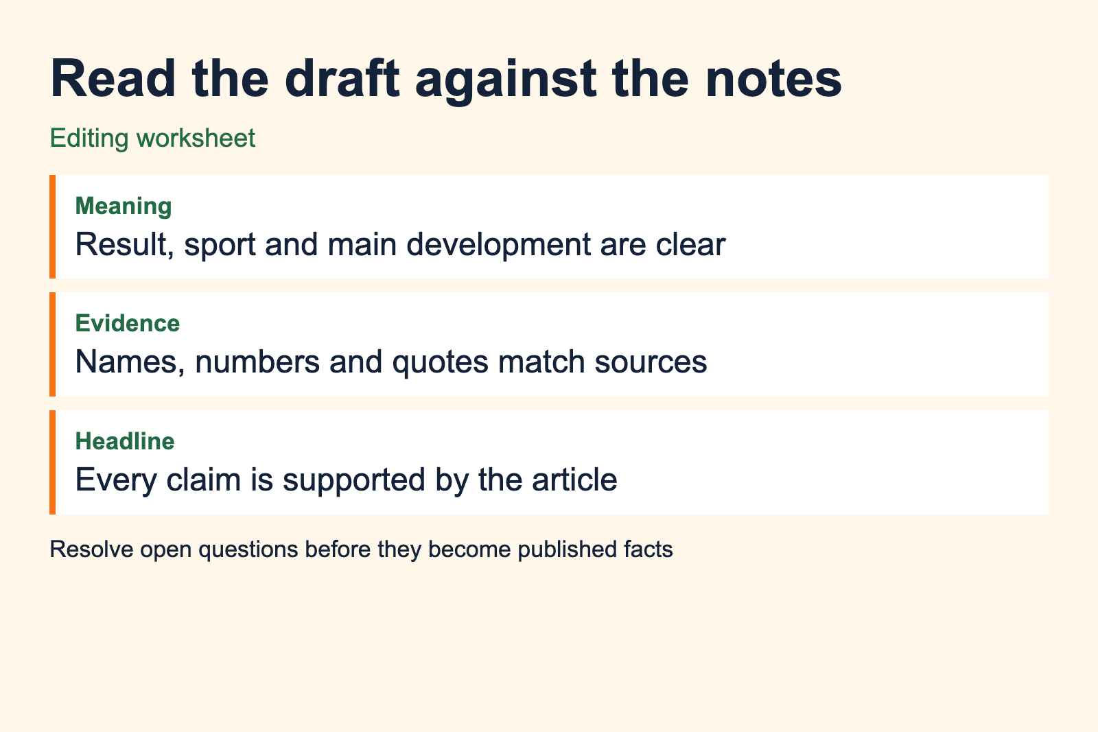 Editing worksheet checks meaning, source evidence and headline support