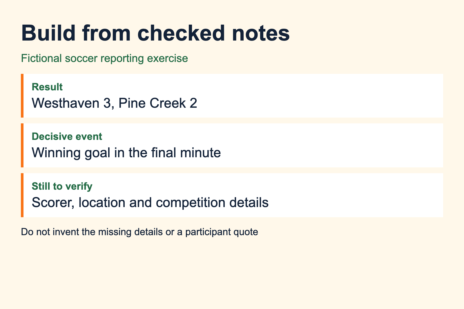 Fictional soccer notes identify a 3-2 result, late goal and details still needing verification