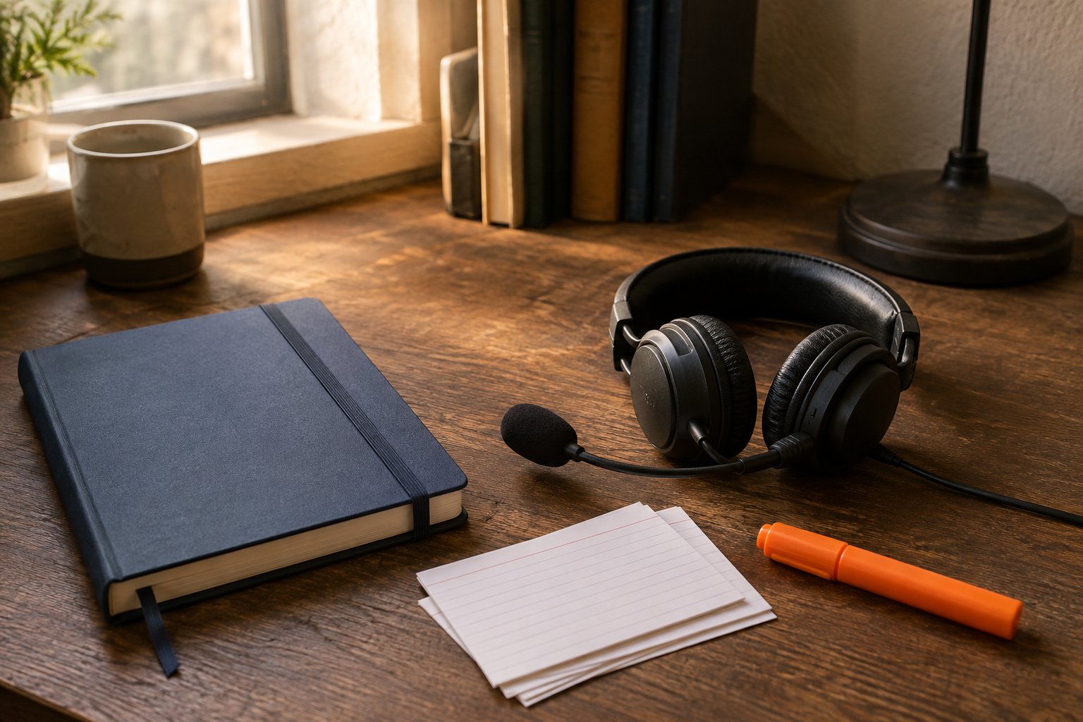 Notebook, index cards and broadcast headset on an independent learning desk