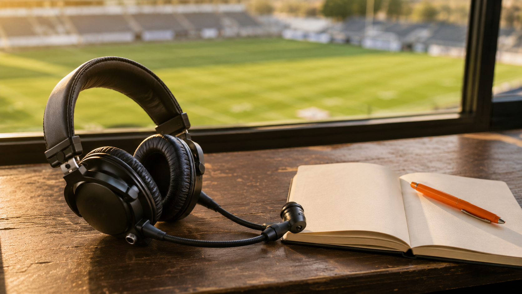 Broadcast headset and blank notebook on a desk overlooking an empty field