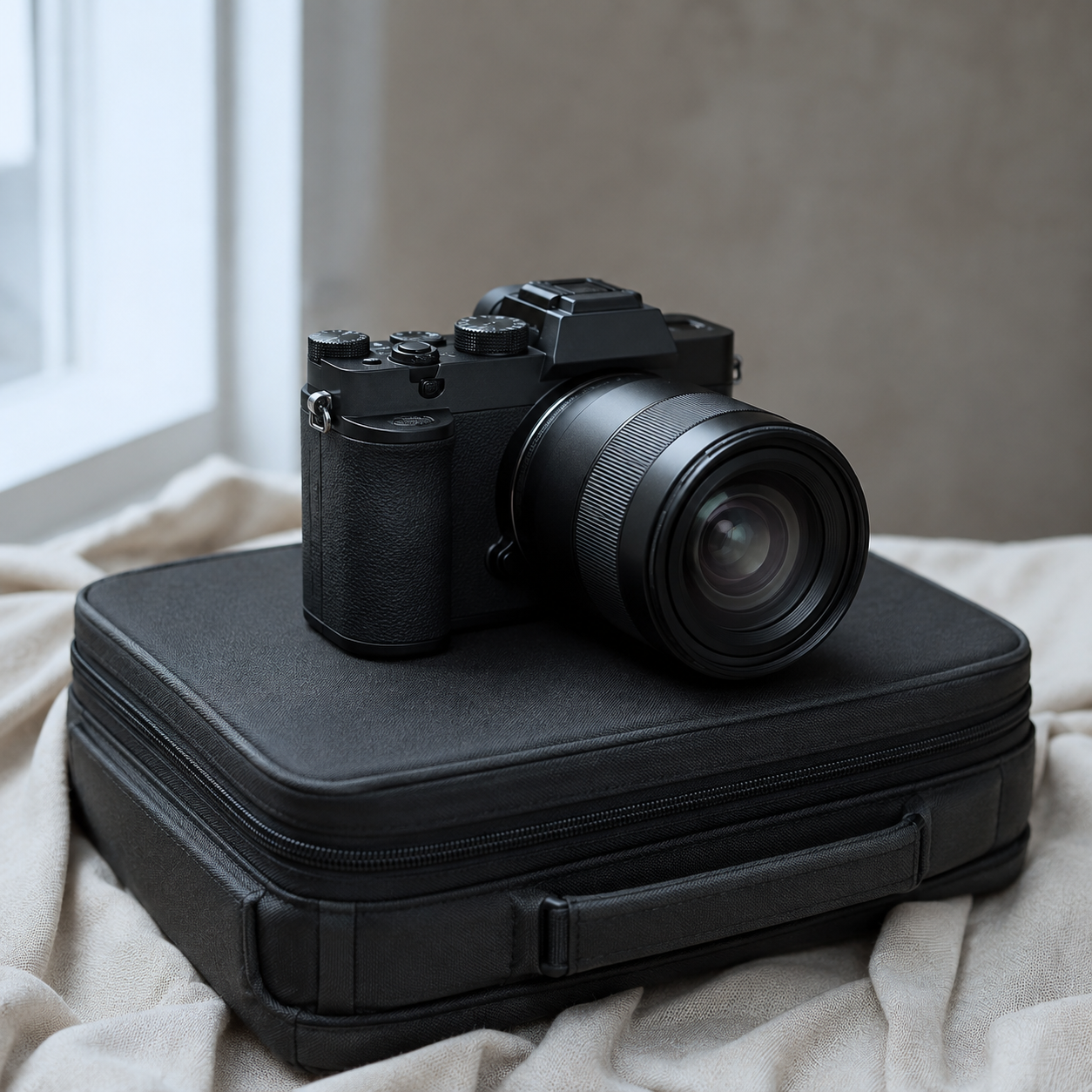 Camera with attached lens resting on a padded equipment case
