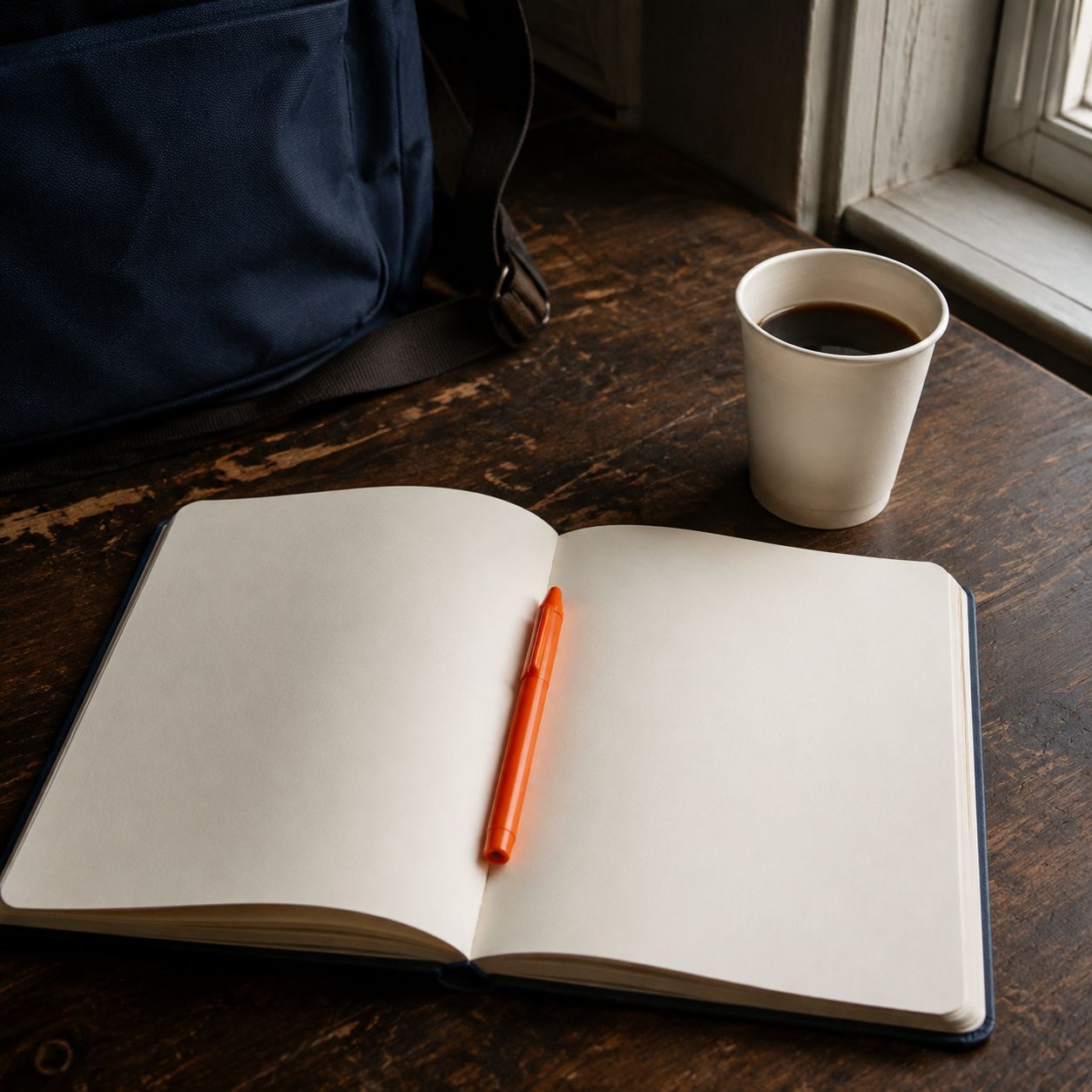 Open blank reporter notebook and orange pen on a wooden desk
