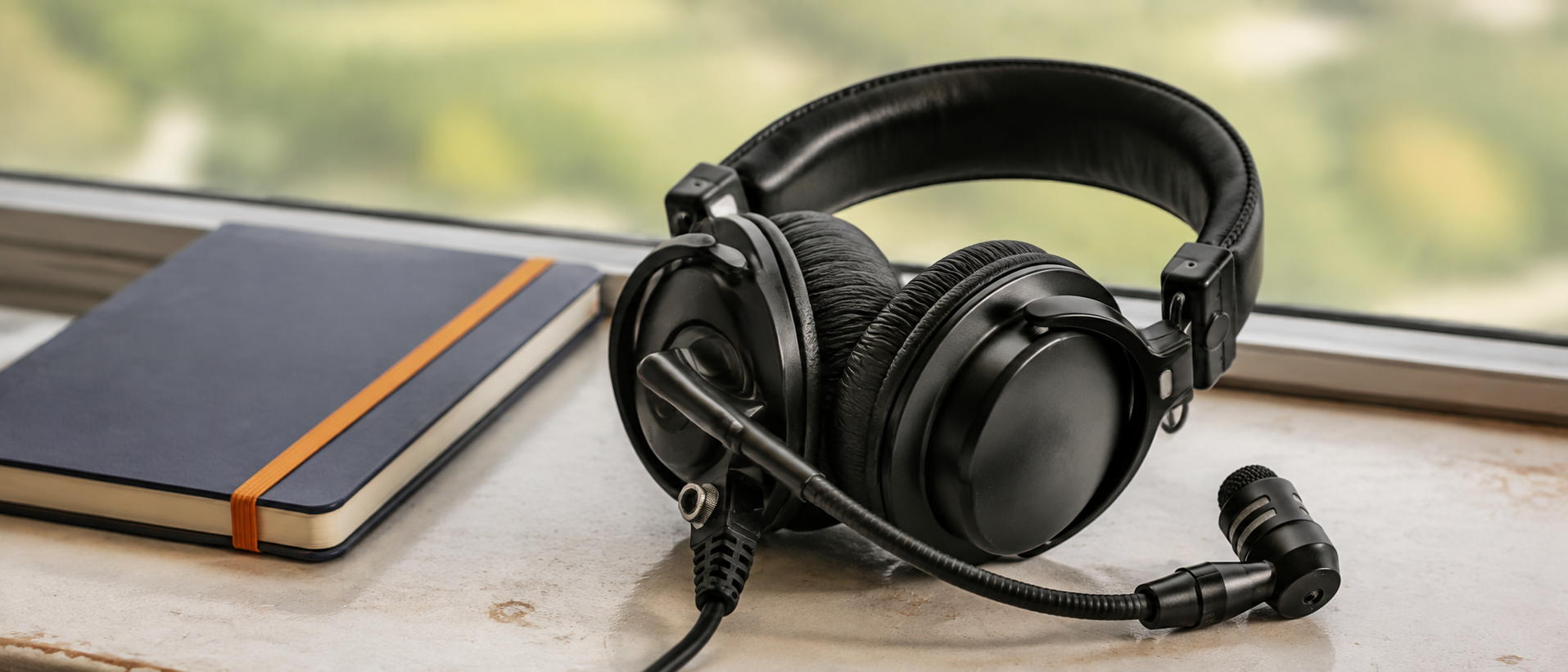 Broadcast headset with attached microphone resting beside a notebook