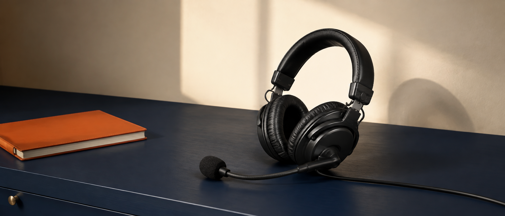 Unbranded broadcast headset with one boom microphone rests beside an orange notebook on a navy desk
