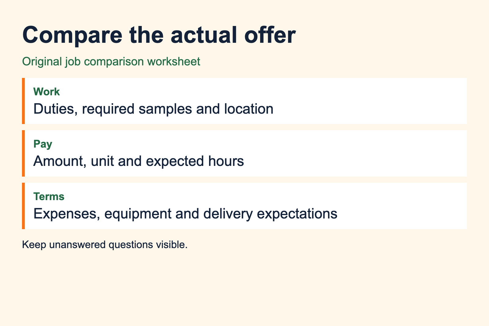 Offer comparison worksheet records duties, pay amount and unit, hours and expenses
