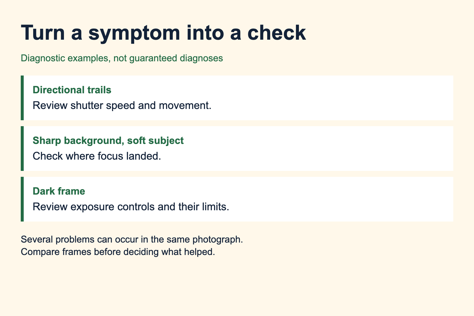 Diagnostic examples connect trails, missed focus and dark frames with separate checks