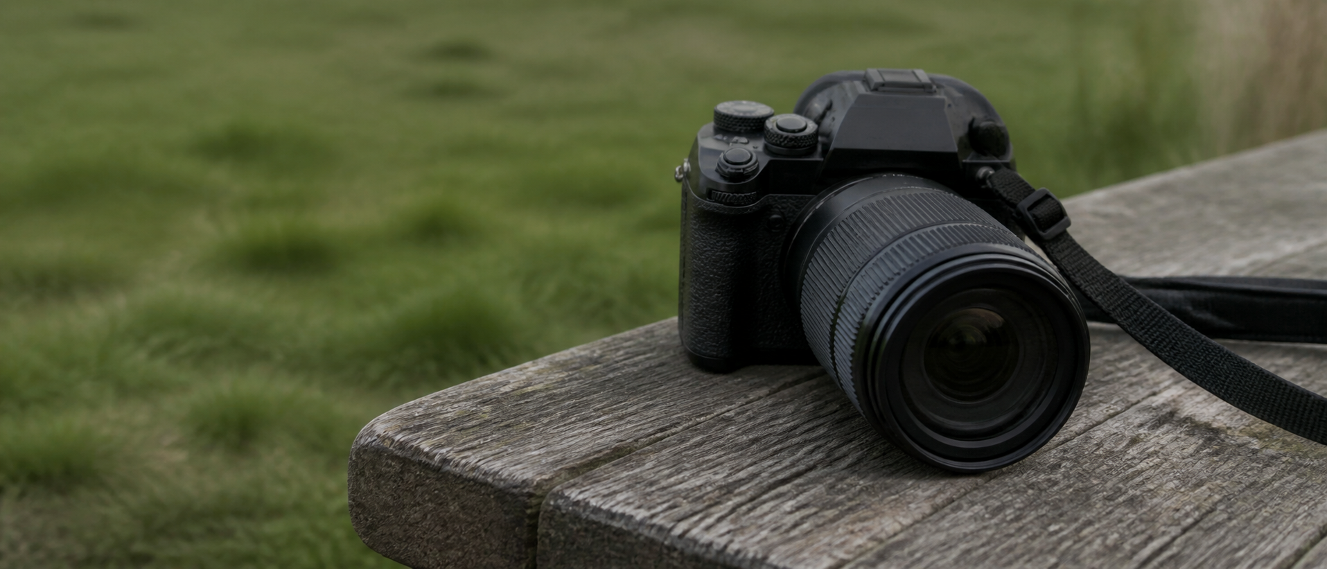 Plain camera with mounted lens and resting strap on a wooden bench beside an empty field