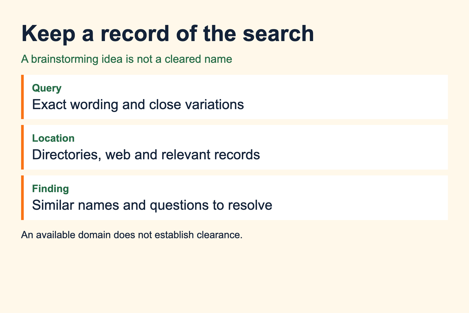 Search log records wording checked, sources searched and similar names to investigate