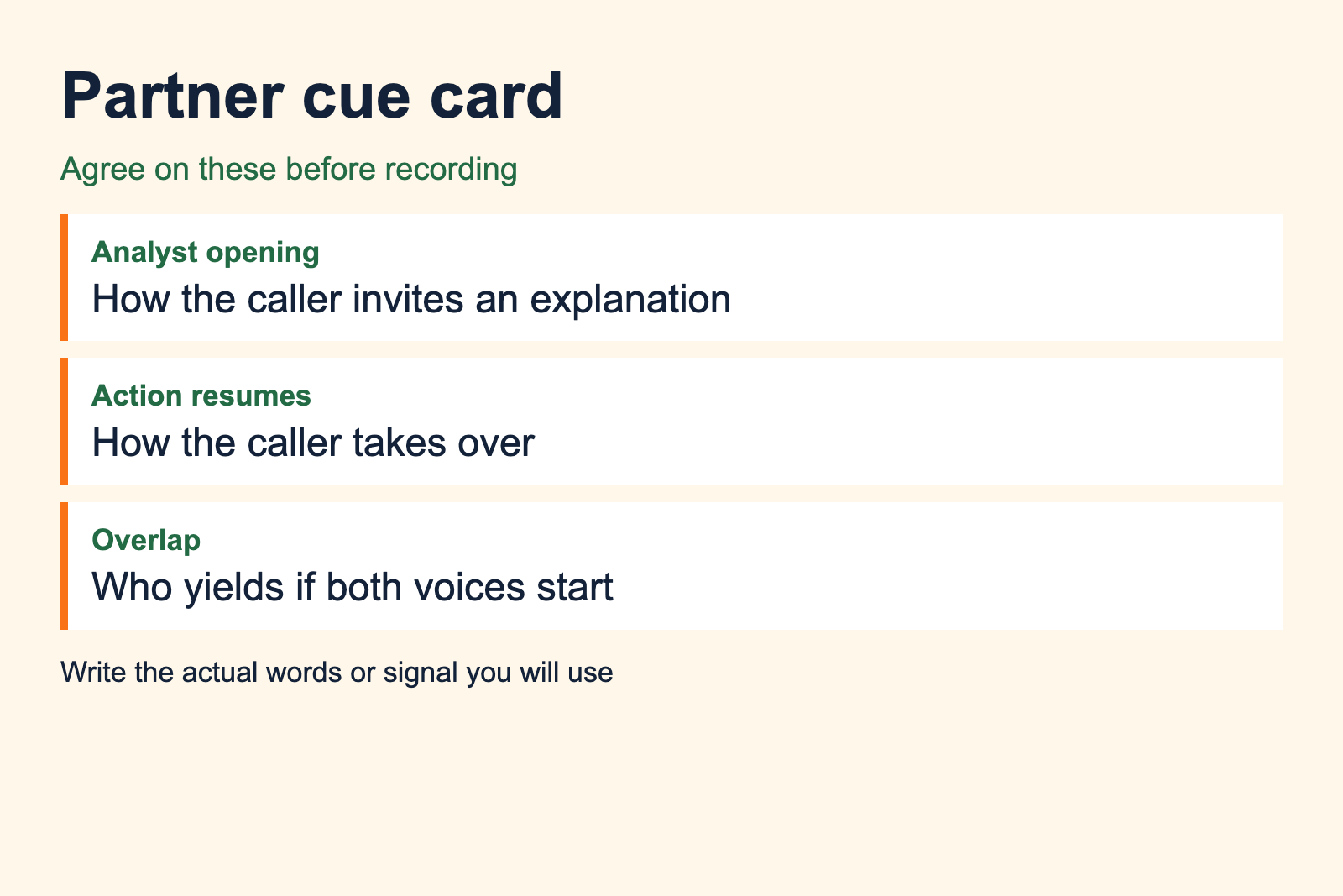 Partner cue card asks who opens analysis, who resumes the call and who yields during overlap
