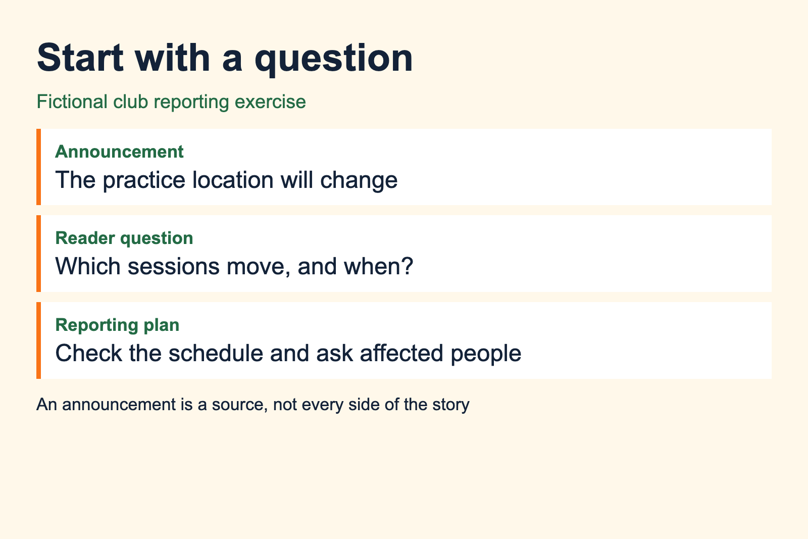 Fictional practice-location announcement becomes questions about which sessions move and when